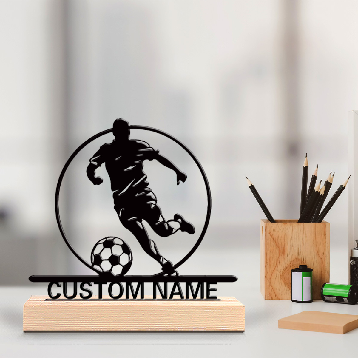 Desktop Laser Engraver - รูปปั้นนักฟุตบอลโลหะสั่งทำพร้อมชื่อ ฐานไม้ตกแต่งโต๊ะ ของขวัญสำหรับแฟนฟุตบอล ของขวัญวันเกิด/วันหยุด/ตกแต่งบ้าน/สำนักงาน
